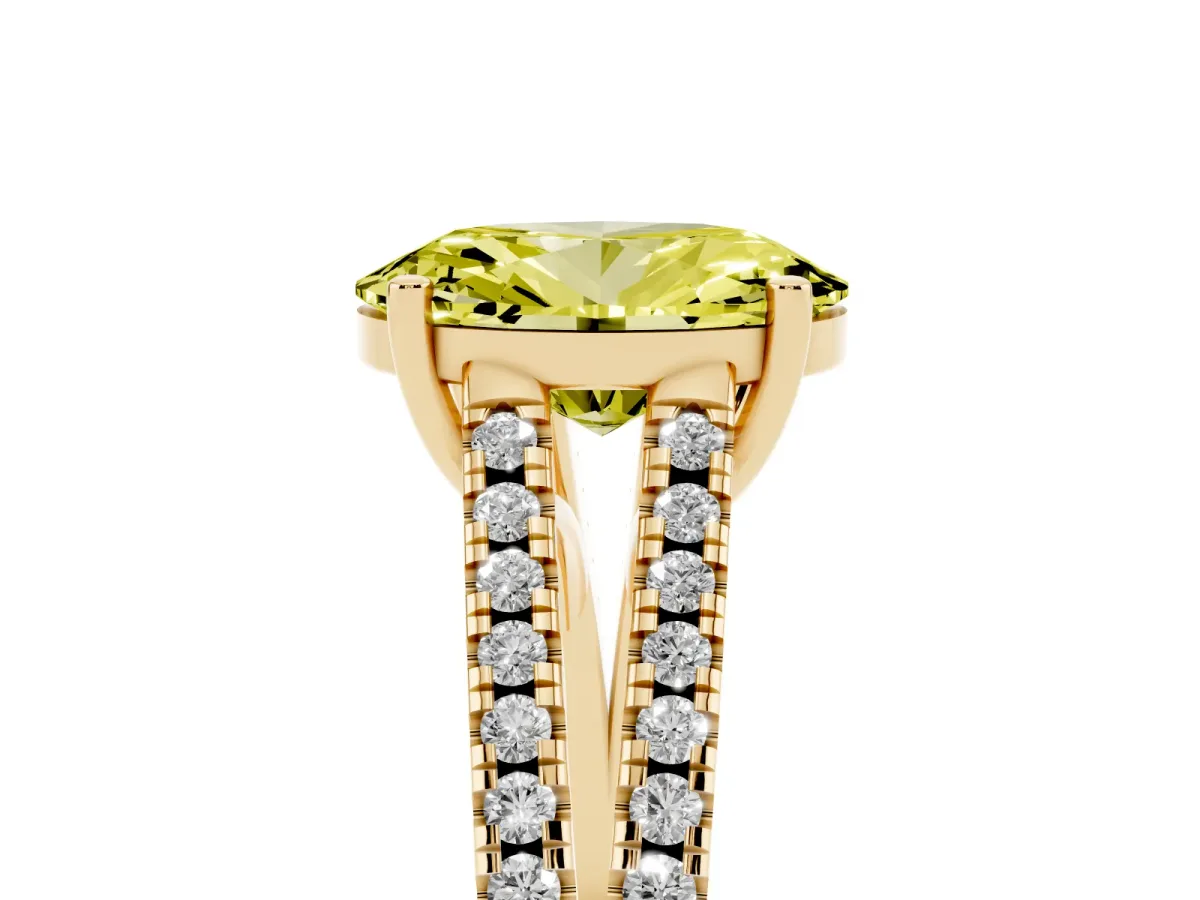 Fancy Yellow Oval Cut Diamond Solitaire Engagement Ring with Split Shank Pavé Band Yellow gold