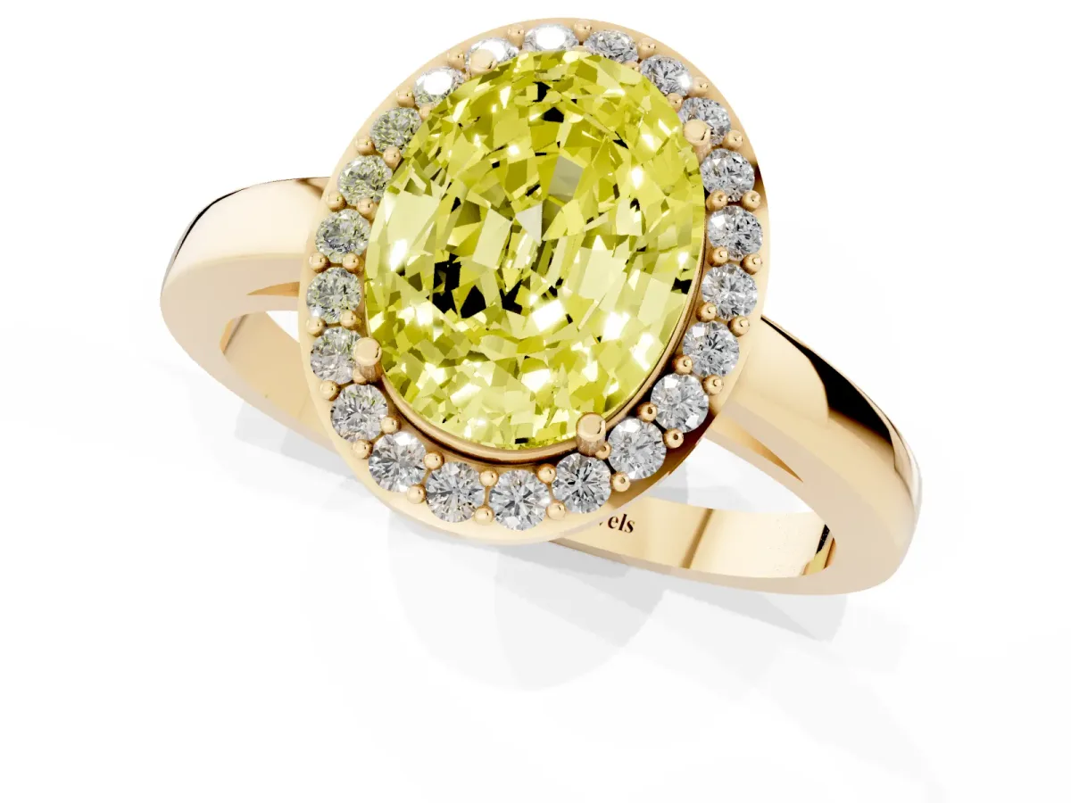Fancy Yellow Oval Cut Halo Diamond Ring with Solitaire Band and Prong Setting Yellow gold