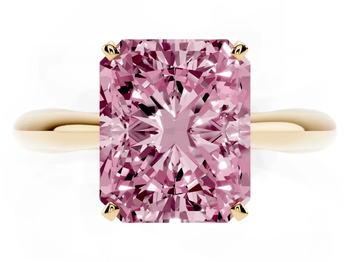 Fancy Pink Radiant Cut Diamond Solitaire Engagement Ring with Cathedral Setting and Four-Prong Mount Yellow gold