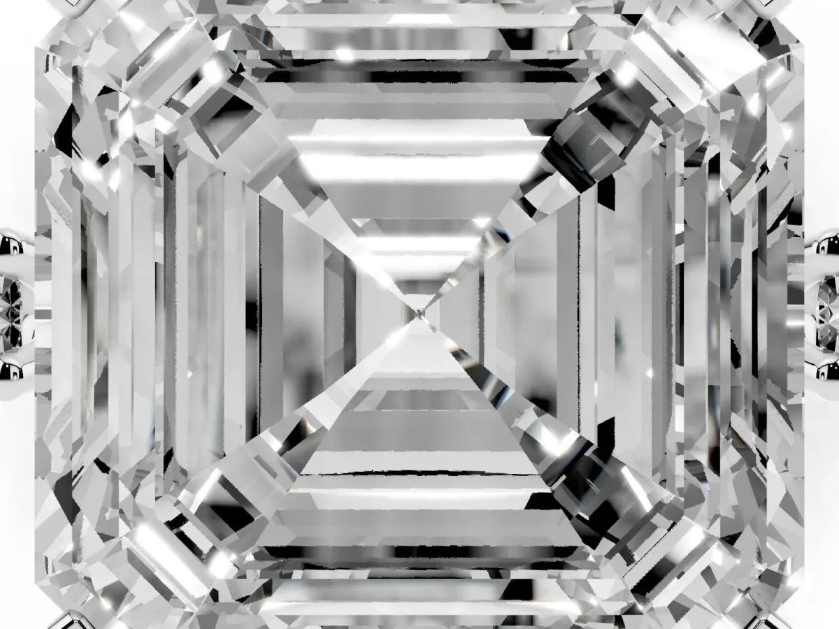 Asscher Cut Cut Three-Stone Solitaire Ring with Round Accent Diamonds and Four-Prong Setting Silver