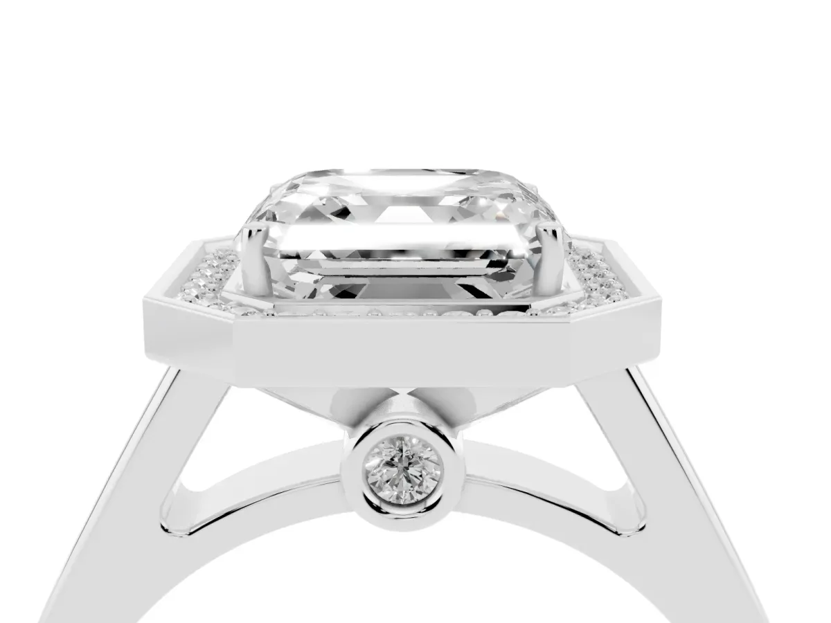 Asscher Cut Halo Solitaire Diamond Ring with Pave Band and Bezel Setting Silver
