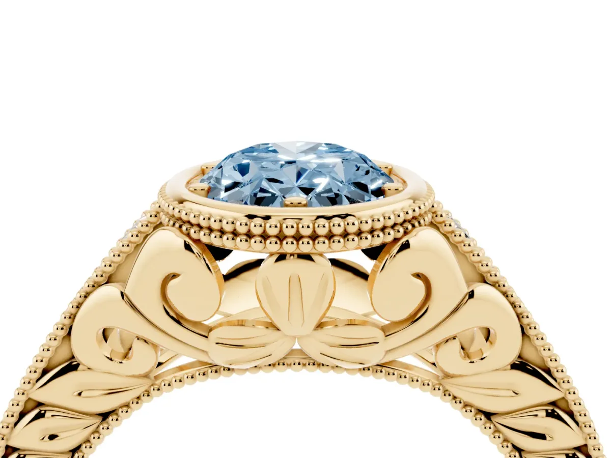 Fancy Blue Bezel Set Oval Cut Diamond Milgrain Pave Engagement Ring Yellow gold