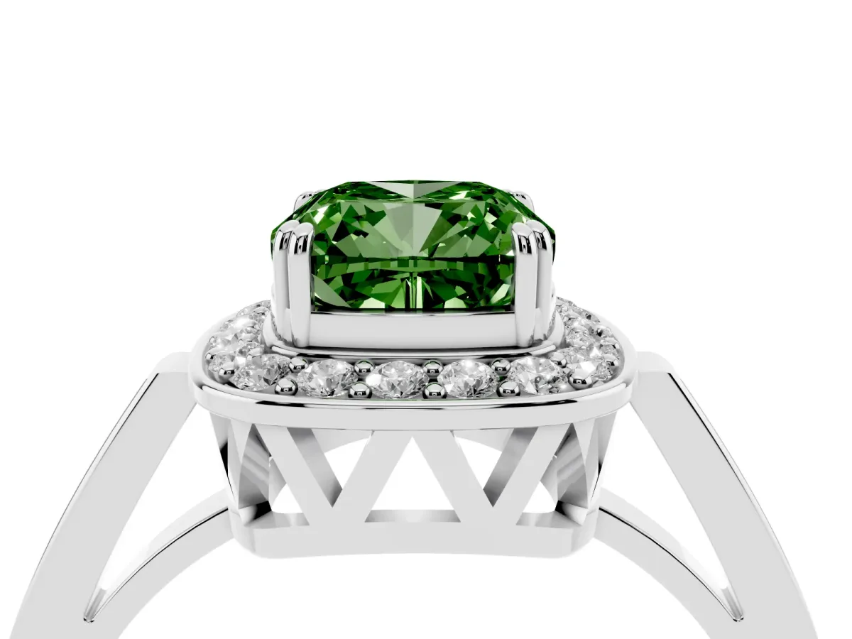 Fancy Green Cushion Cut Diamond Halo Ring with Split Shank and Four-Prong Setting Silver