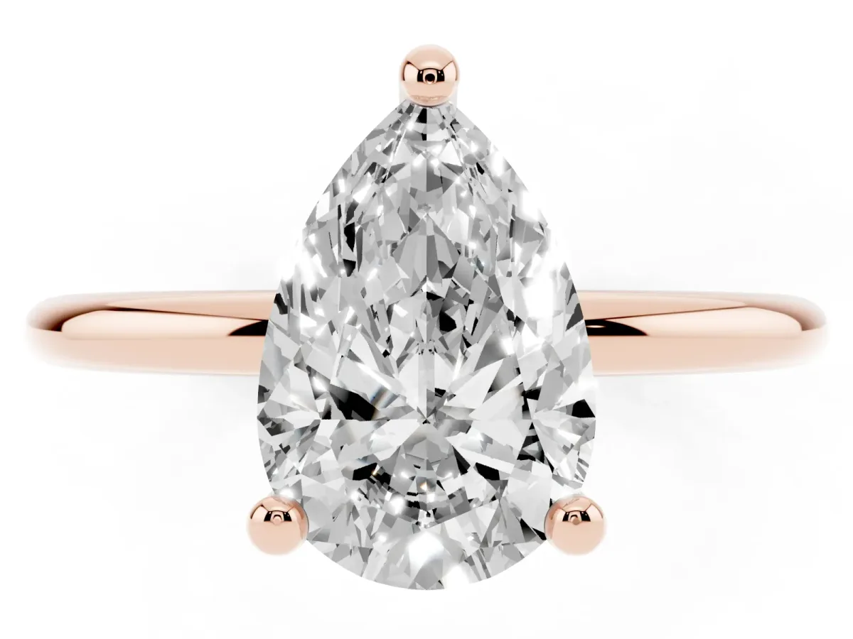 Pear Cut Solitaire Diamond Ring with 4-Prong Setting on a Classic Band Rose gold