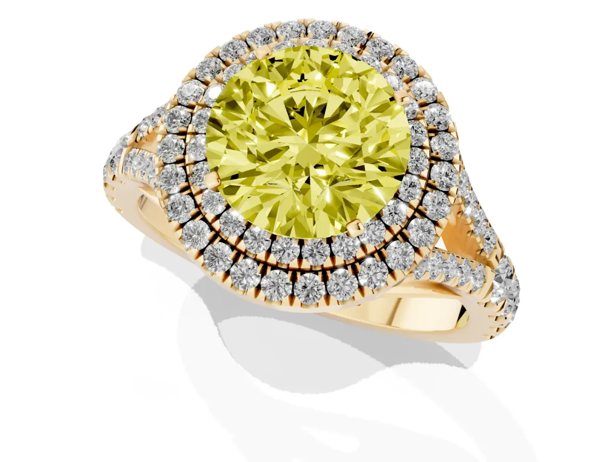 Fancy Yellow Round Cut Cut Double Halo Split Shank Diamond Ring with Prong Setting Yellow gold