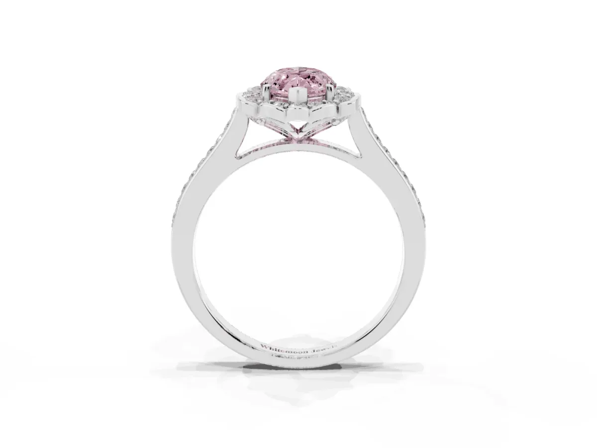 Fancy Pink Marquise Cut Halo Round Diamond Pave Band with Four-Prong Setting White gold