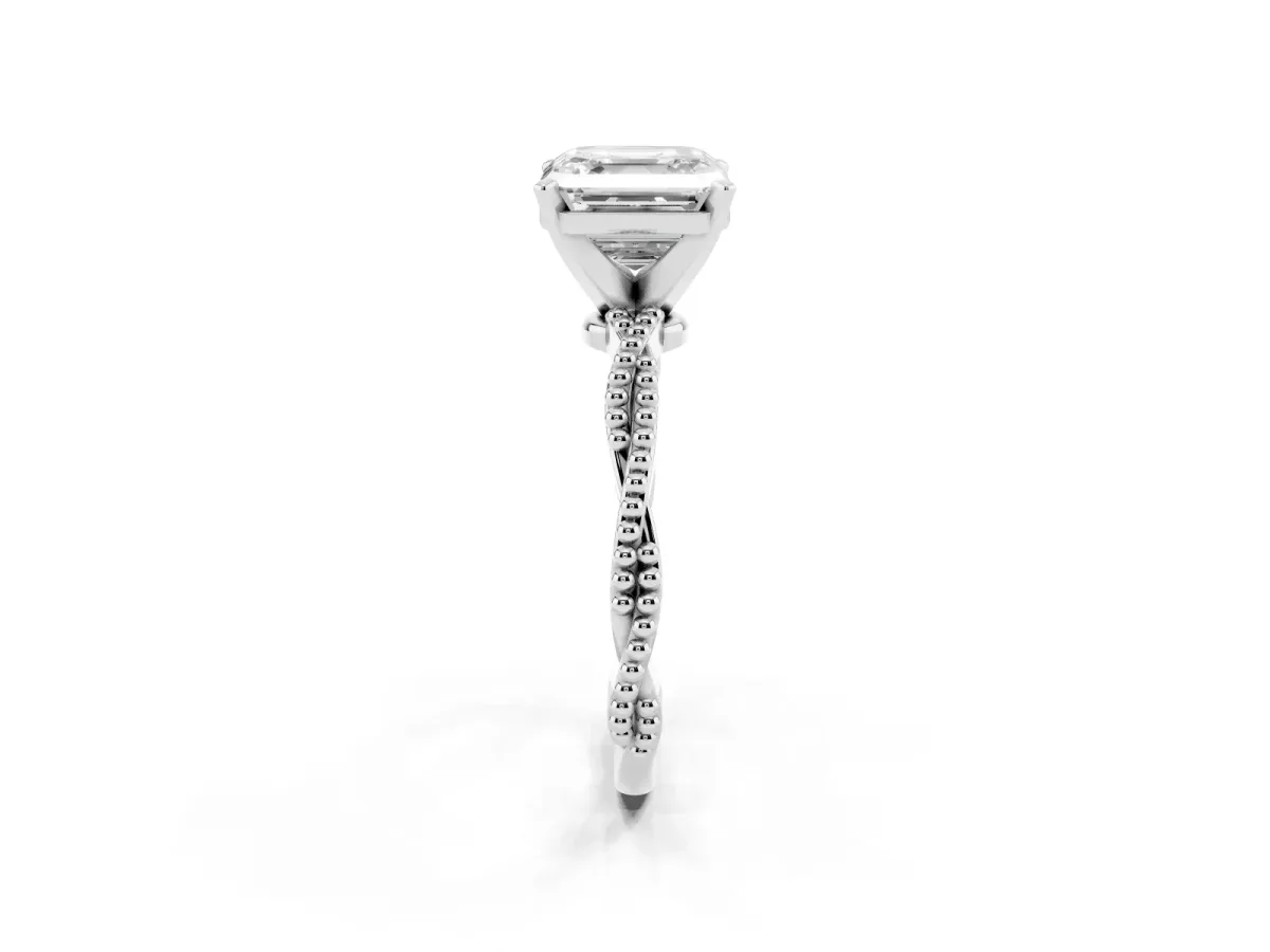 Asscher Cut Solitaire Twisted Band with Bead Prong Setting White gold