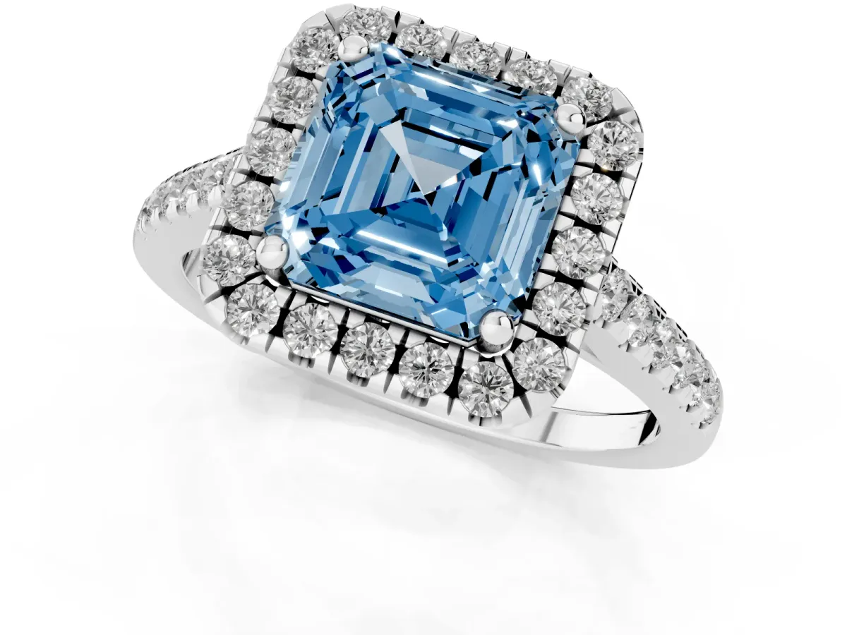Fancy Blue Asscher Cut Halo Pavé Diamond Engagement Ring with Four-Prong Setting Silver