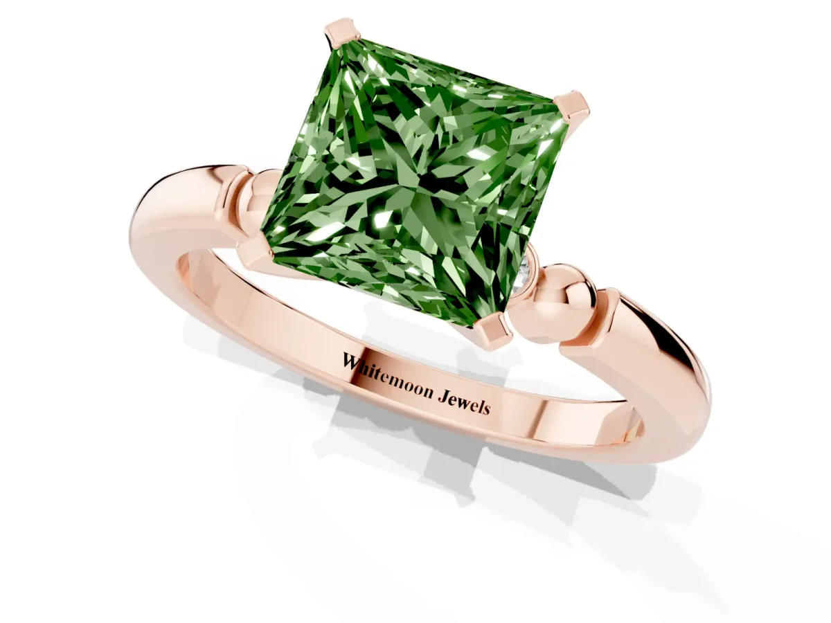 Fancy Green Princess Cut Solitaire Beaded Band with Four-Prong Setting Rose gold