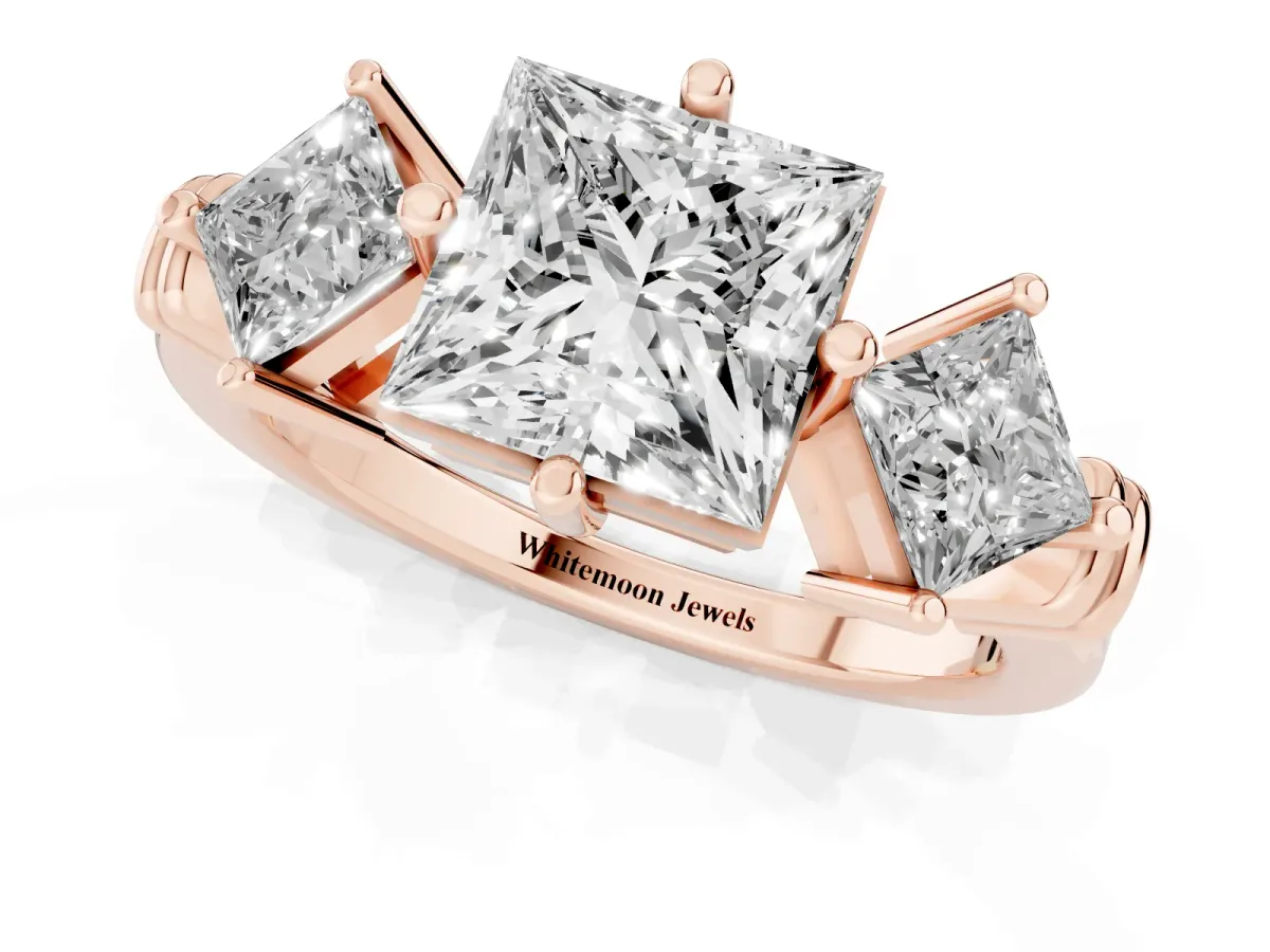 Three-Stone Princess Cut and Princess Cut Diamond Ring with Channel Band and Four-Prong Setting Rose gold