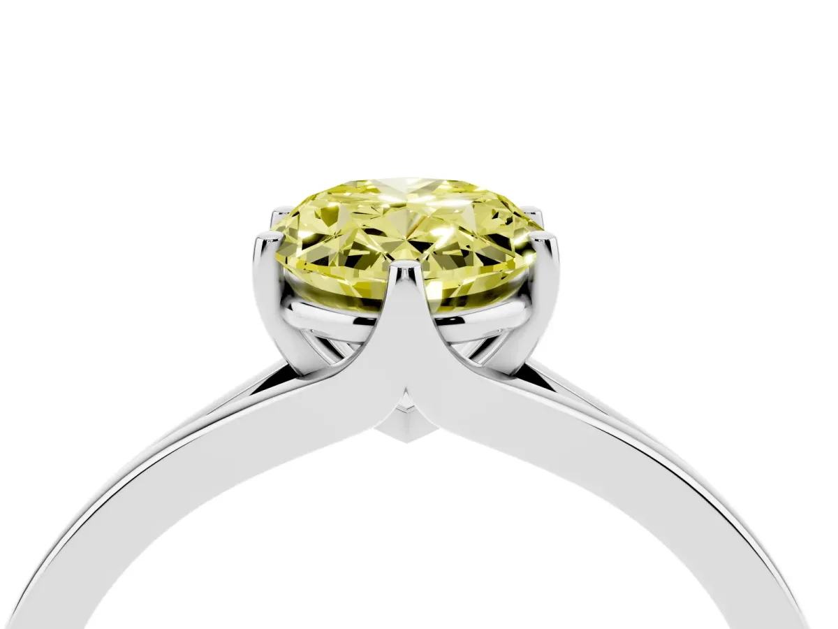 Fancy Yellow Oval Cut Solitaire Diamond Ring with Six-Prong Setting and Tapered Band Silver