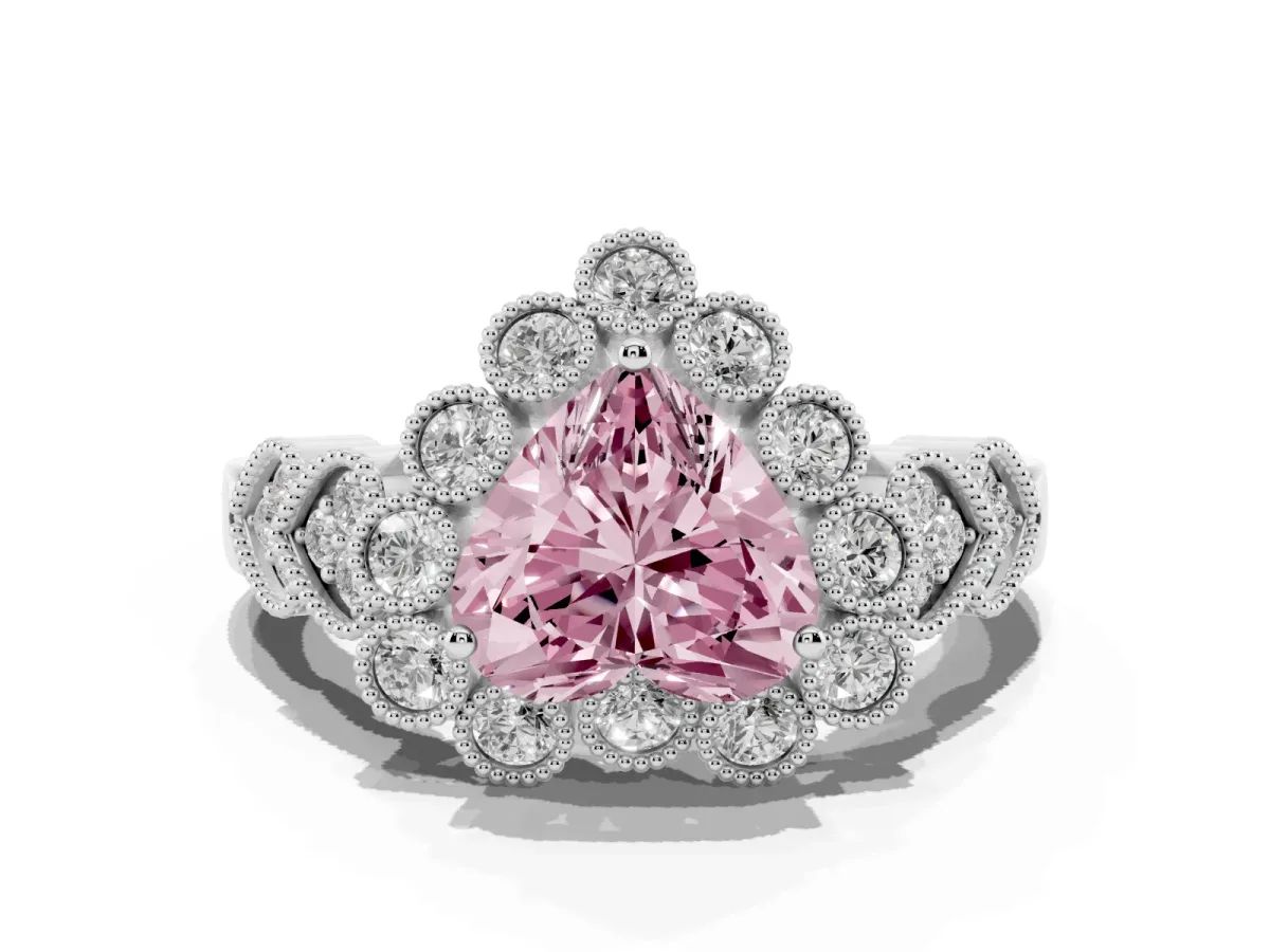 Fancy Pink Heart Cut Brilliant Milgrain Pave Heart Band Solitaire Ring Silver