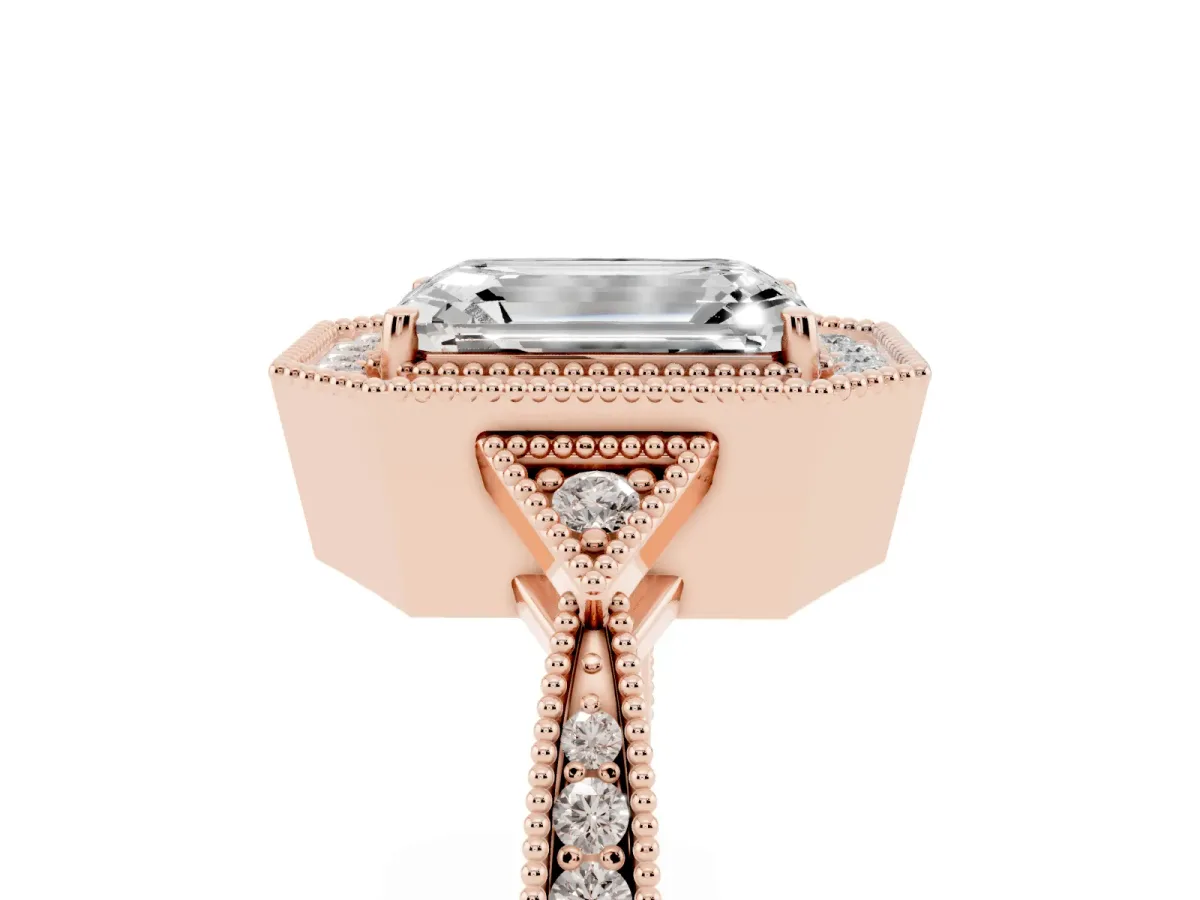Emerald Cut Halo Round Diamond Milgrain Pave Engagement Ring Rose gold