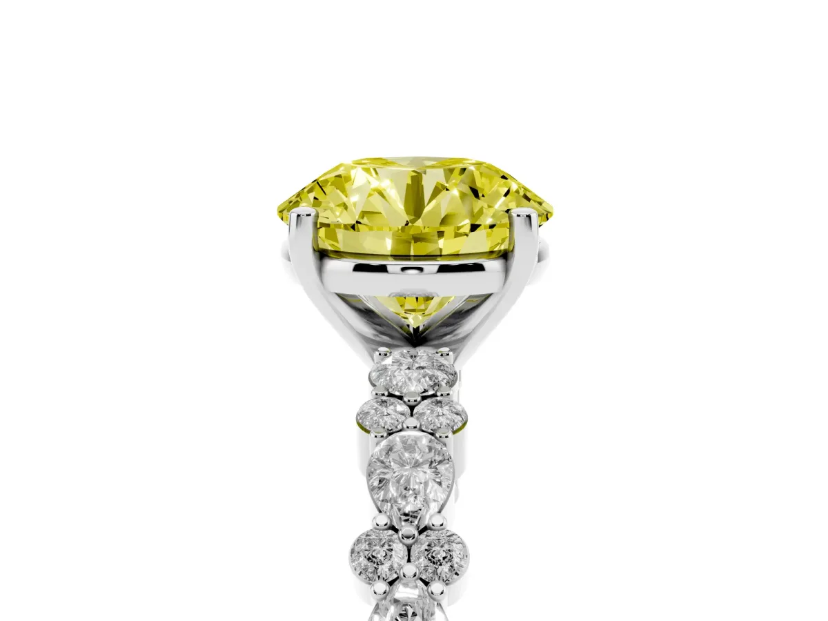 Fancy Yellow Round Cut Diamond Side Stone Solitaire Ring with Round and Four-Prong Setting Silver