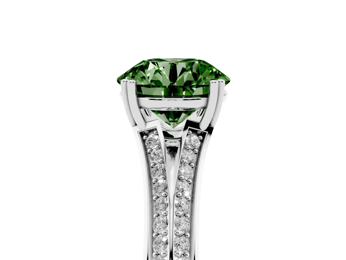 Fancy Green Round Cut Diamond Split Shank Engagement Ring with Pavé Band Platinum