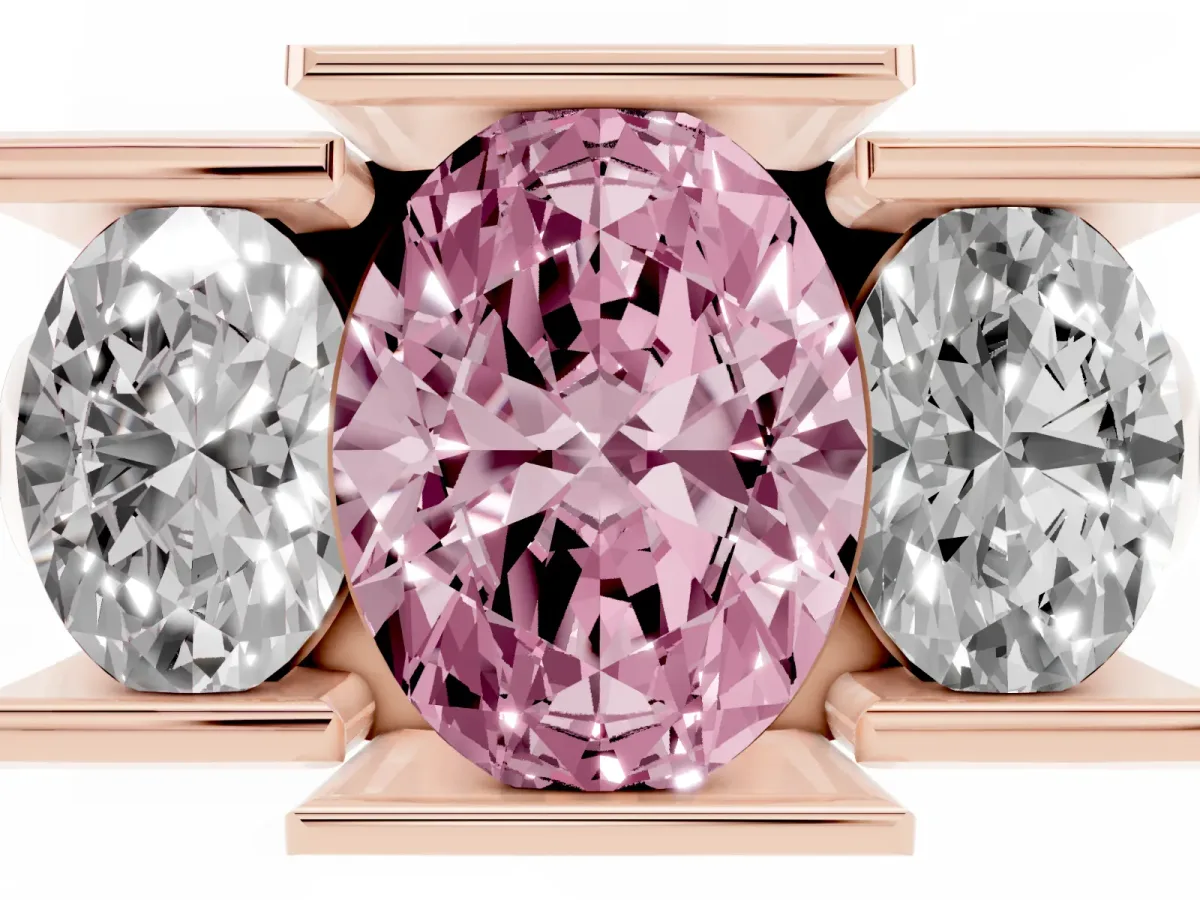 Fancy Pink Three Stone Oval Cut Cut Channel Set Diamond Ring Rose gold