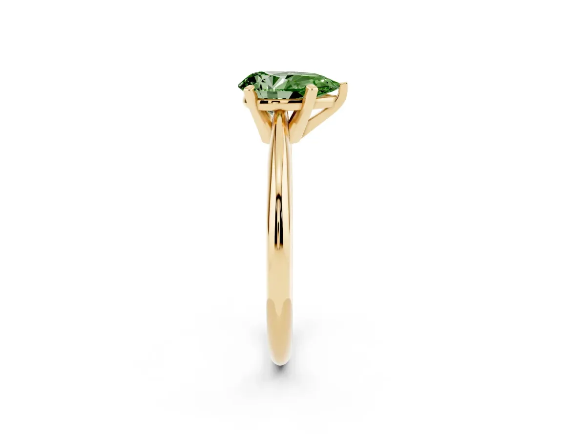 Fancy Green Pear Cut Cut Solitaire Ring with Four-Prong Setting on a Classic Band Yellow gold