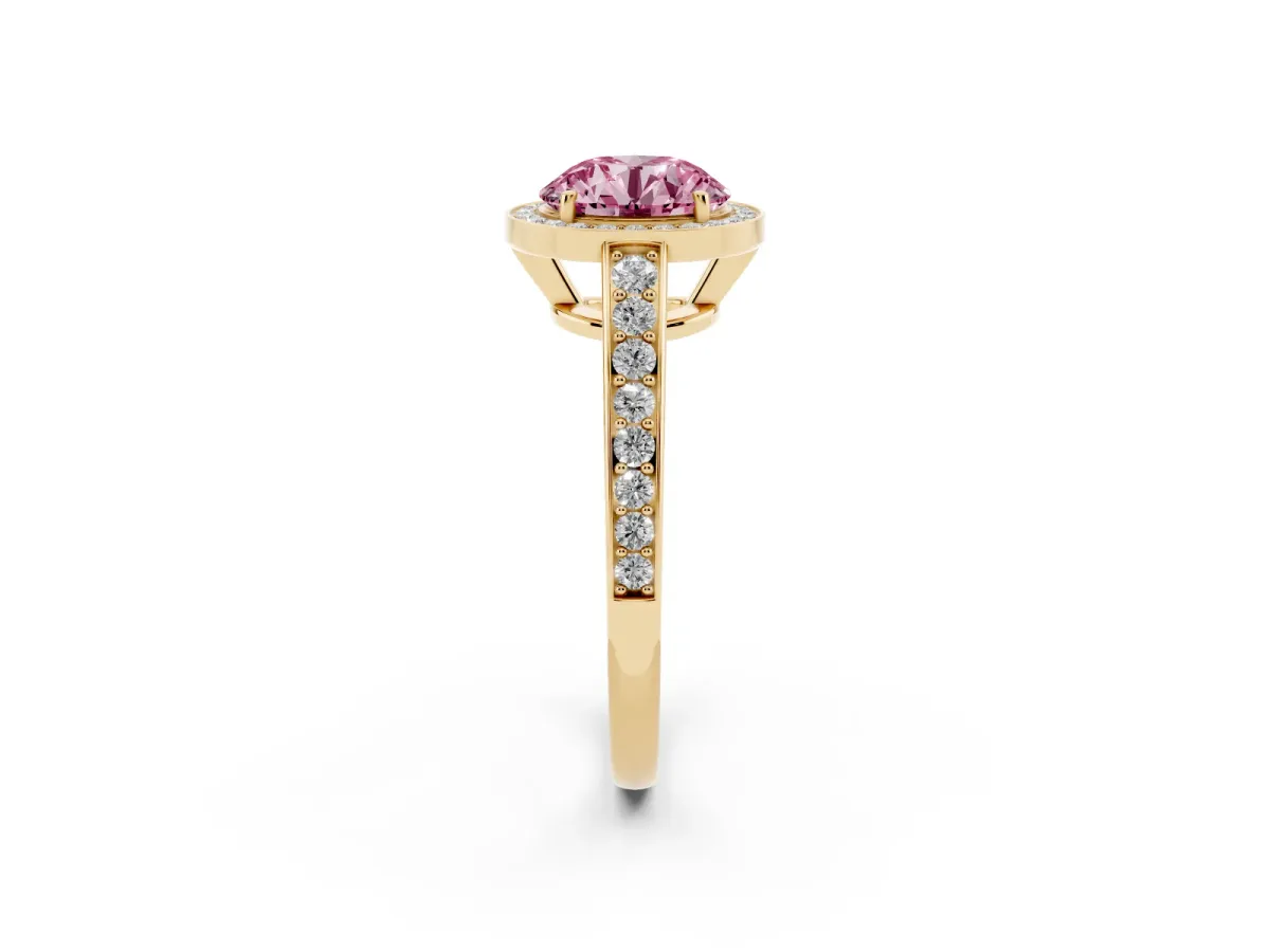 Fancy Pink Round Cut Halo Pavé Diamond Engagement Ring with Bezel Setting Yellow gold