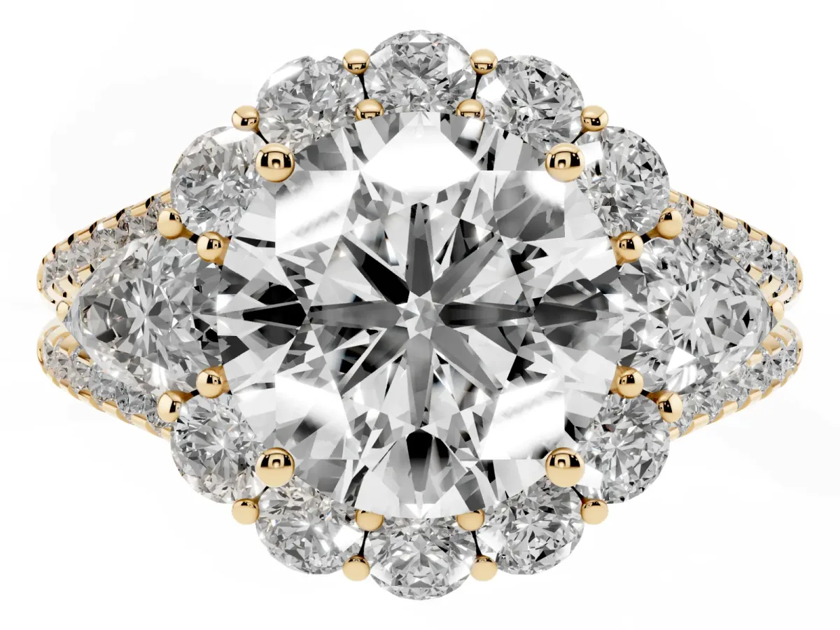 Round Cut Halo Split Shank Diamond Engagement Ring with Prong Setting Yellow gold
