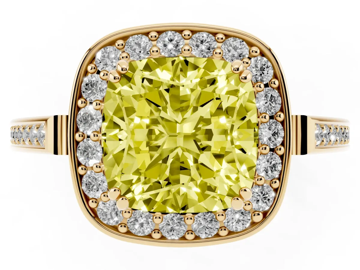 Fancy Yellow Cushion Cut Diamond Halo Ring with Split Shank and Four-Prong Setting Yellow gold