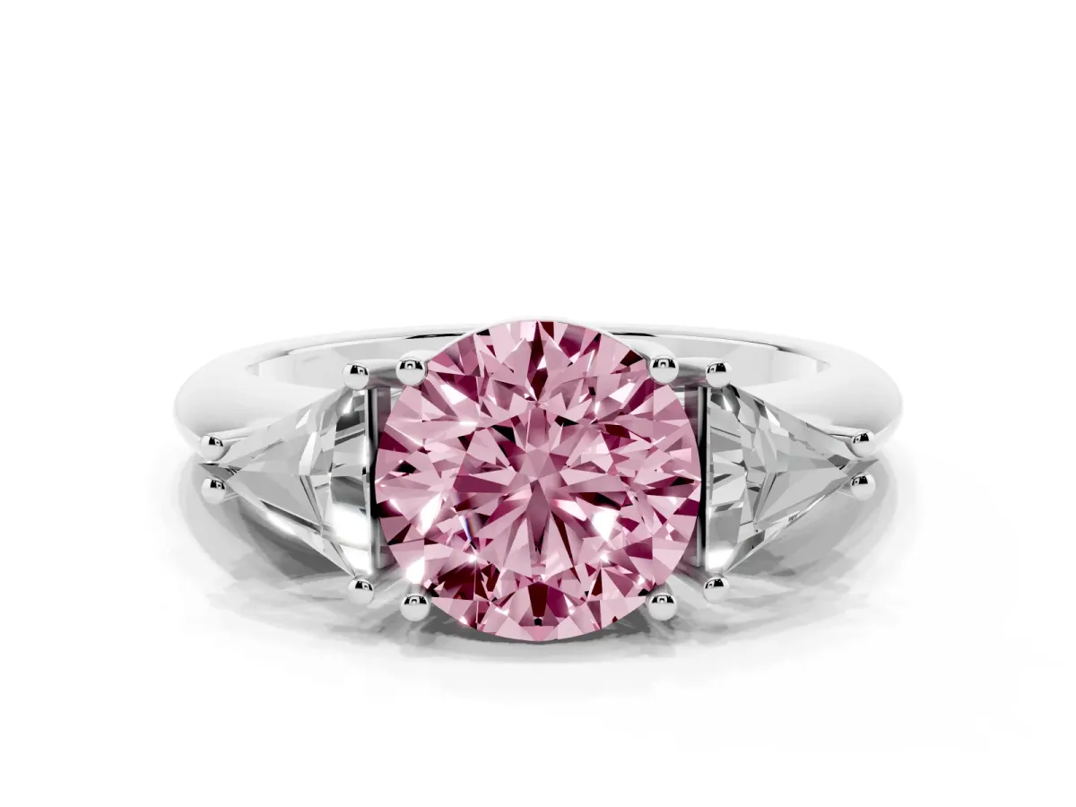 Fancy Pink Three-Stone Round Cut Diamond Engagement Ring with Trillion Side Stones and Prong Setting Silver