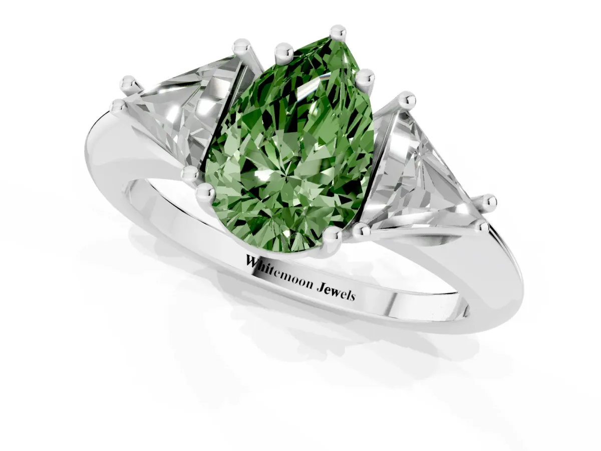 Fancy Green Three-Stone Pear Cut Diamond Engagement Ring with Trillion Side Stones and Prong Setting Silver