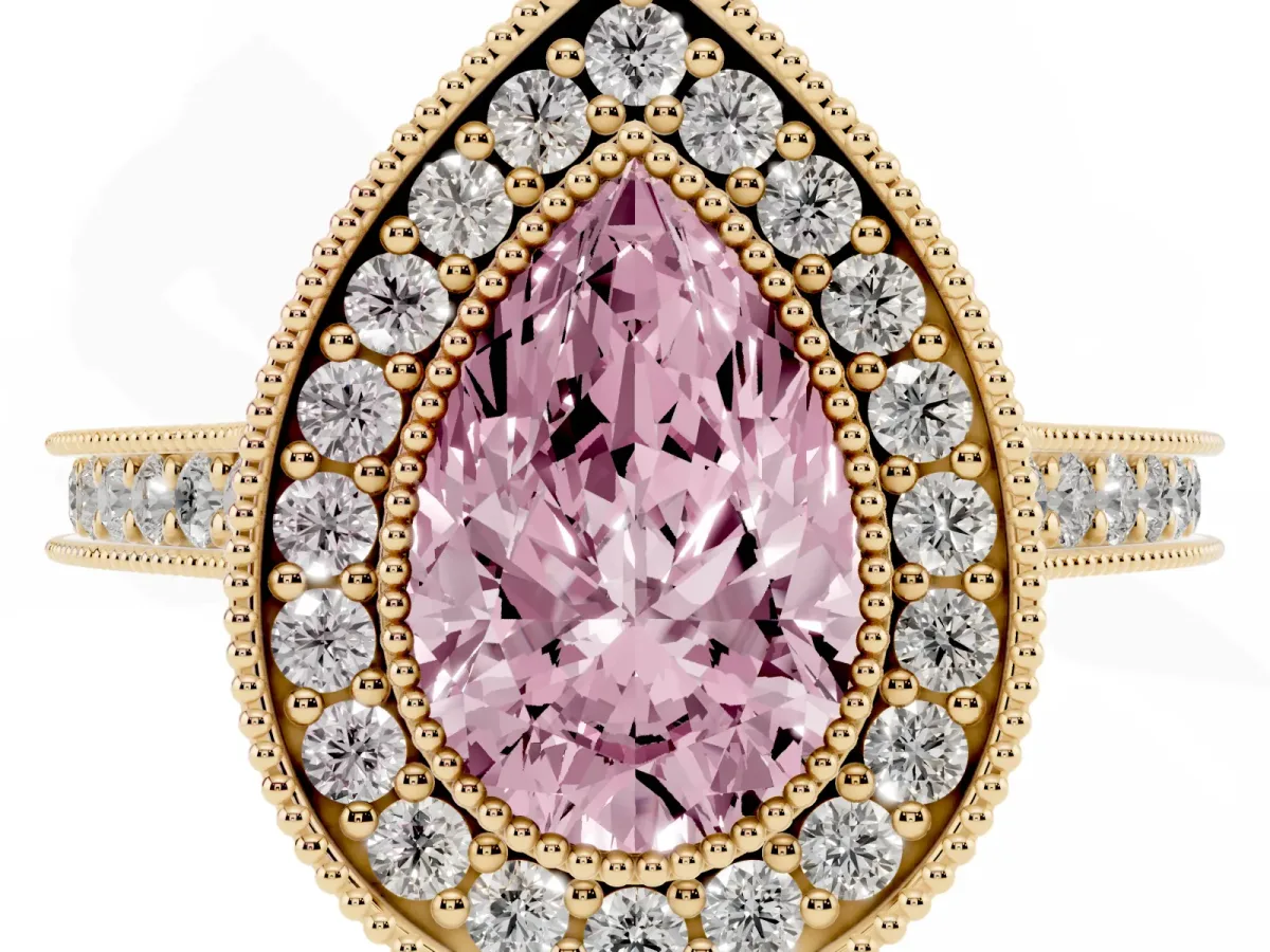 Fancy Pink Halo Pear Cut-Cut Diamond Pave Band Milgrain Prong Setting Ring Yellow gold