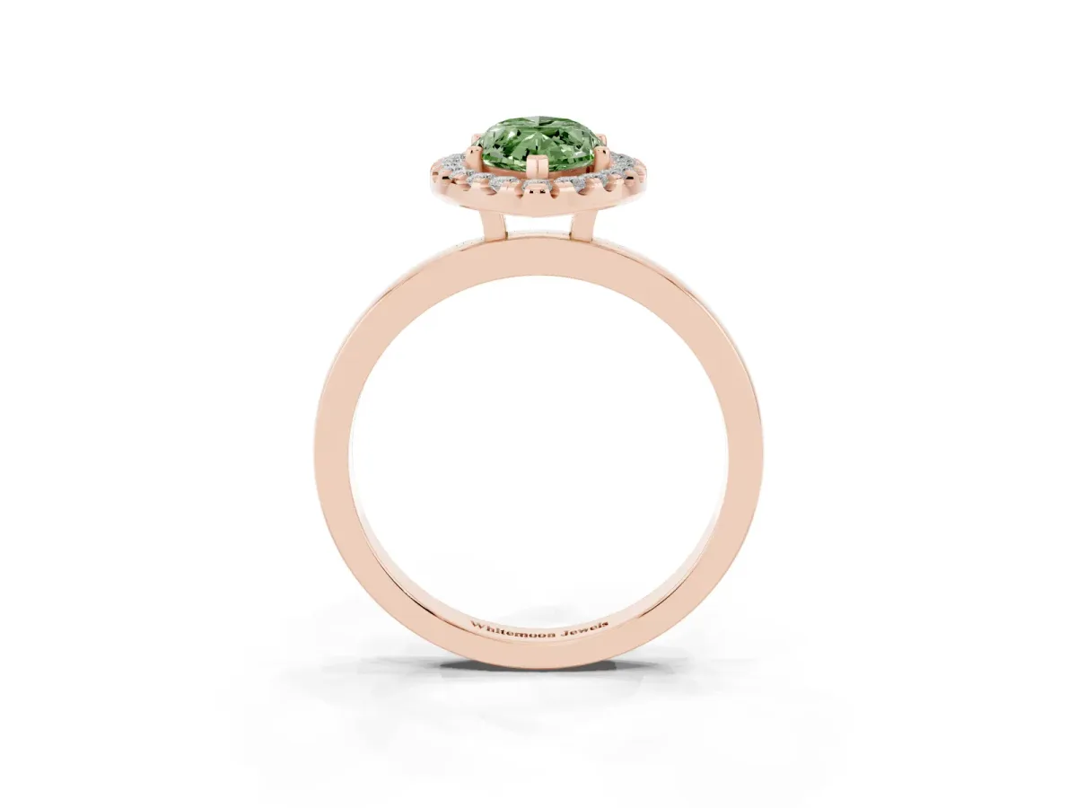 Fancy Green Marquise Cut Halo Diamond Solitaire with Pavé Band and Four-Prong Setting Rose gold