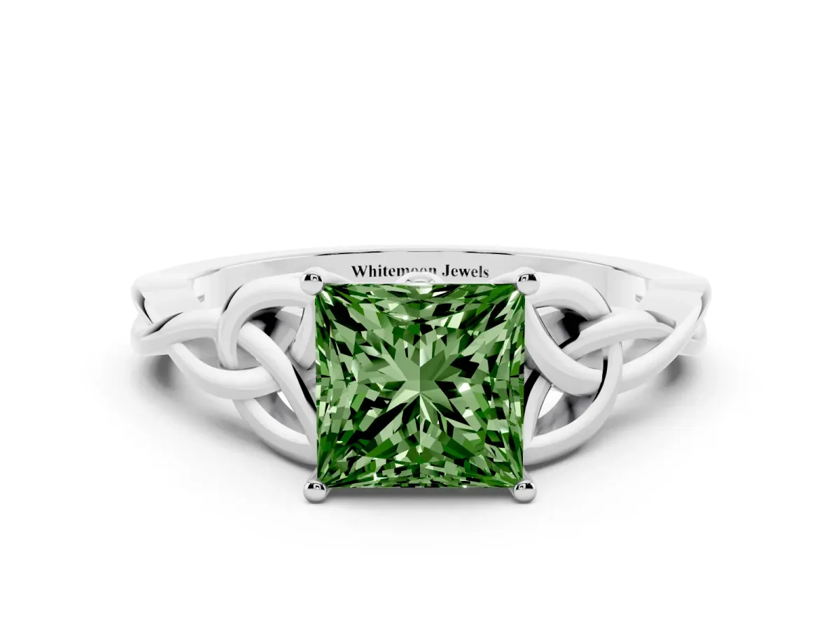 Fancy Green Princess Cut Diamond Solitaire Engagement Ring with Celtic Knot Band and Four-Prong Setting White gold