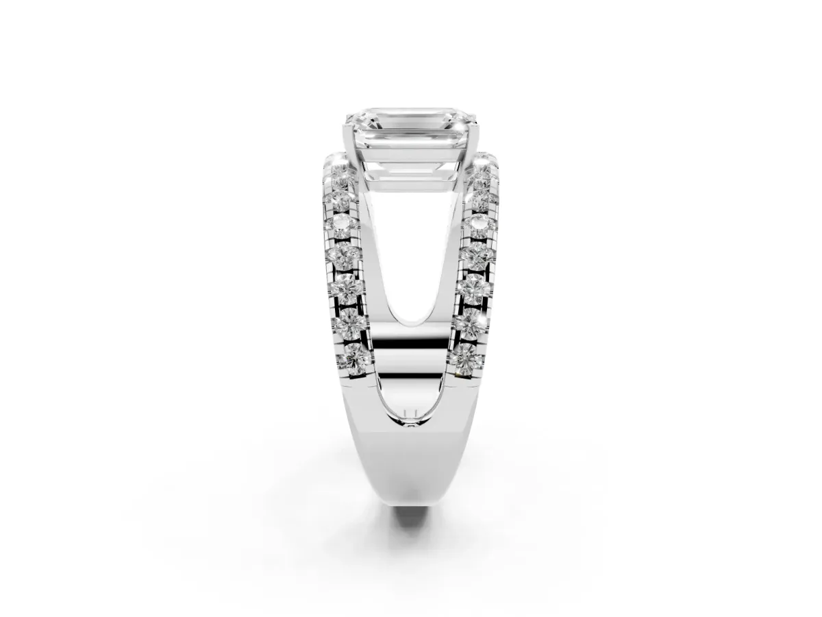 Emerald Cut Solitaire Split Shank Pave Diamond Ring Silver