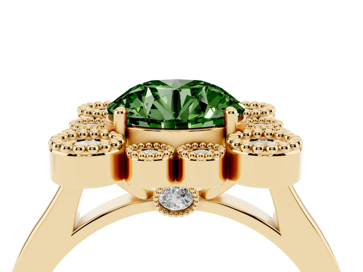 Fancy Green Round Cut Halo Diamond Cluster Engagement Ring with Milgrain Bezel Setting and Solitaire Band Yellow gold