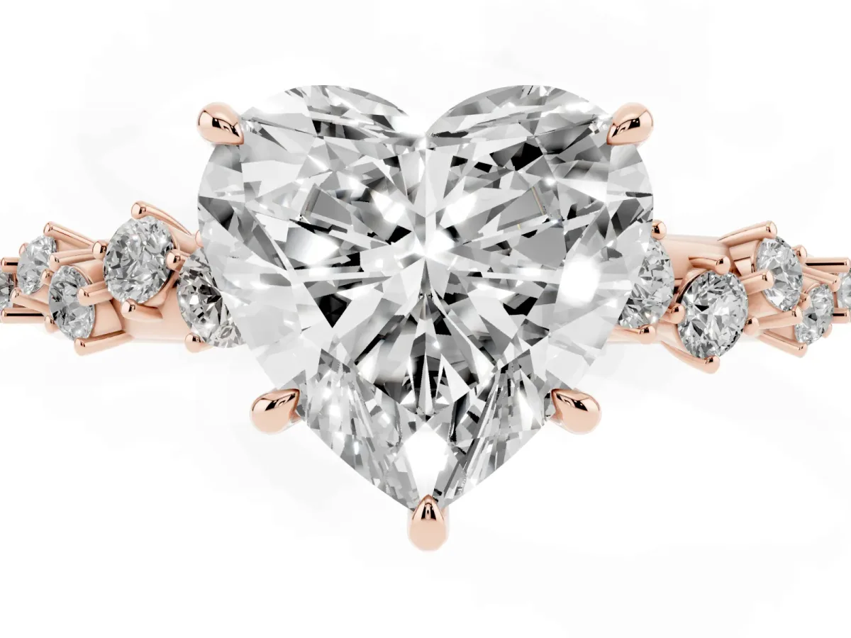 Heart Cut Diamond Cluster Side Stone Solitaire Ring with Prong Setting Rose gold