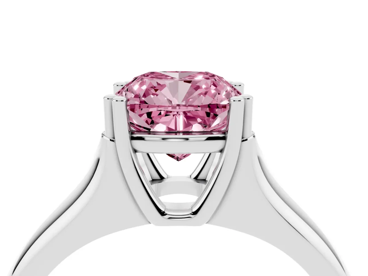 Fancy Pink Cushion Cut Diamond Solitaire Ring with Wide Band and Prong Setting Silver