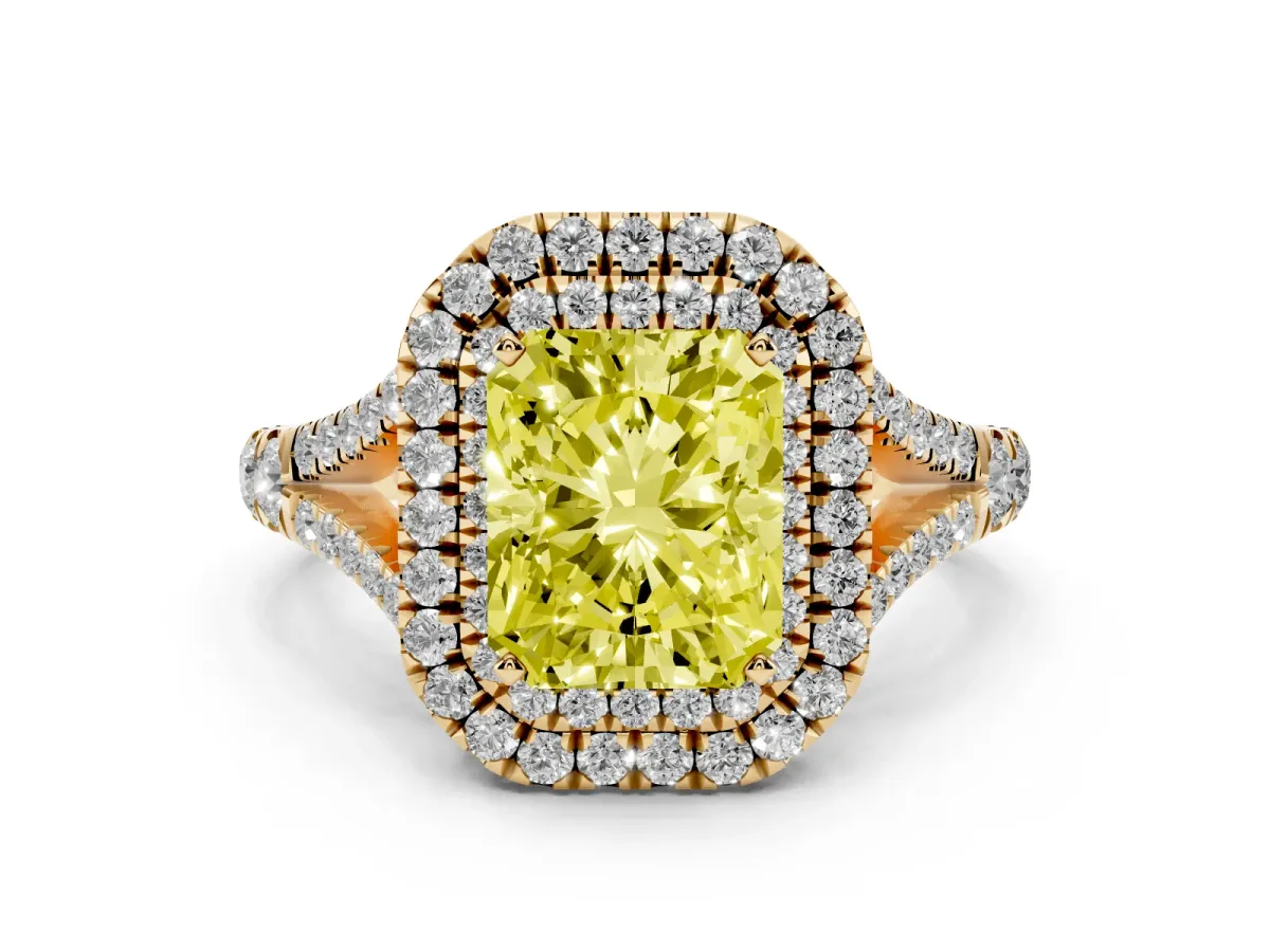 Fancy Yellow Double Halo Radiant Cut Diamond Split Shank Engagement Ring with Four-Prong Setting Yellow gold