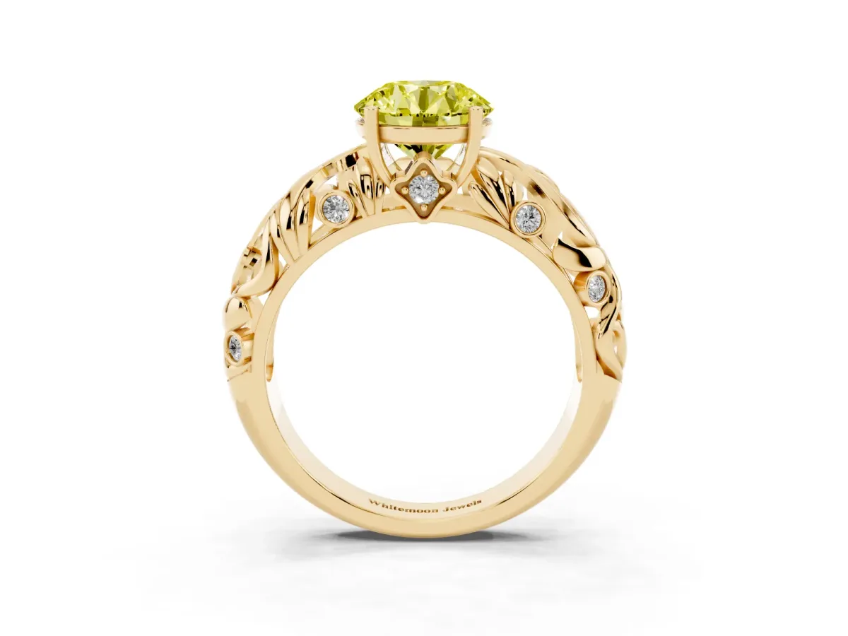 Fancy Yellow Round Cut Solitaire Diamond Leaf-Inspired Vine Band Ring with Prong Setting Yellow gold