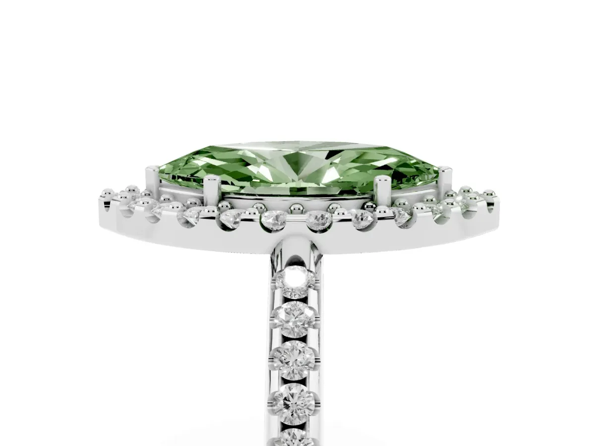 Fancy Green Marquise Cut Diamond Pavé Halo Ring with Four-Prong Setting Silver
