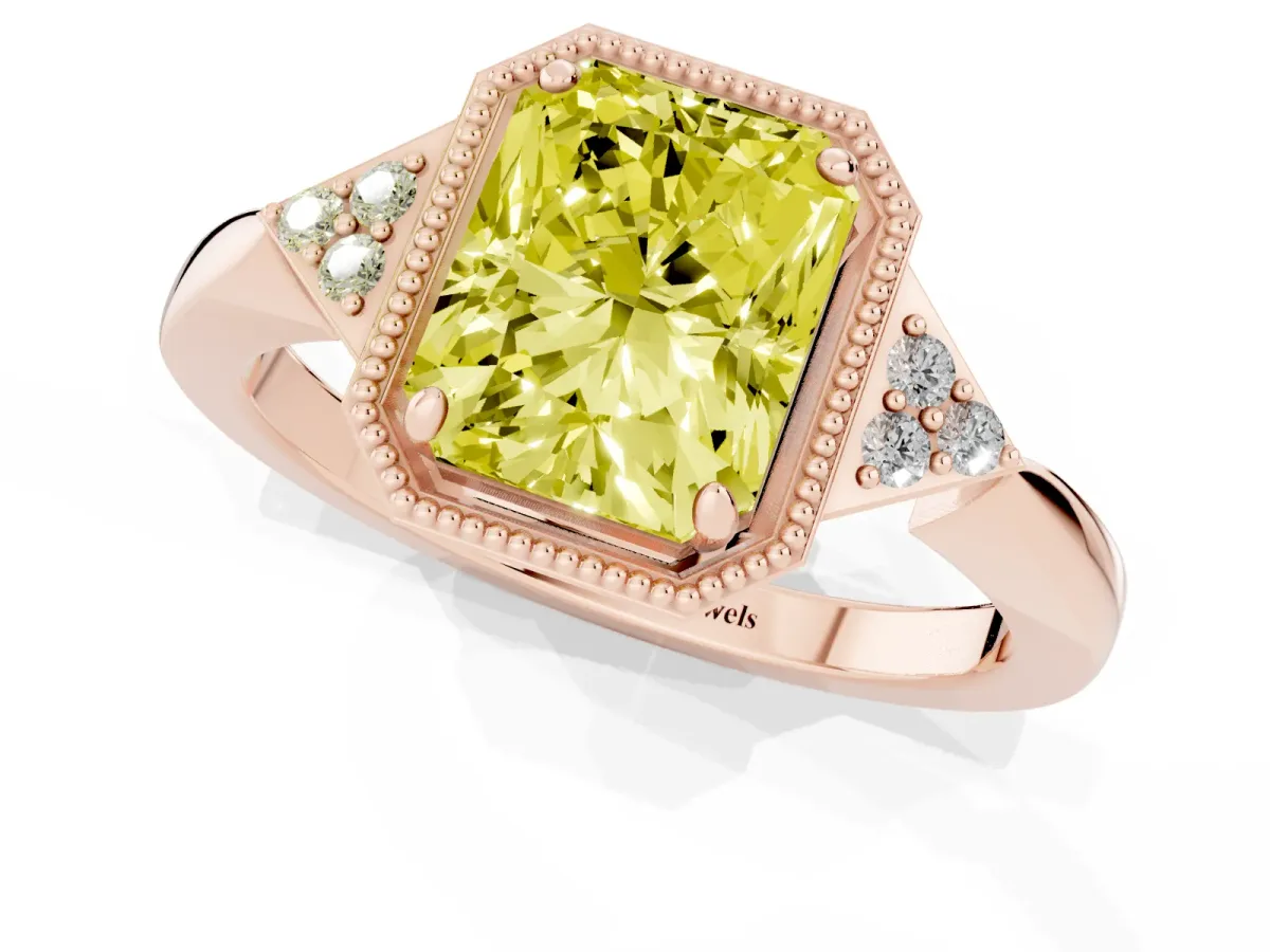 Fancy Yellow Hexagonal Halo Radiant Cut Diamond Solitaire with Pavé Band and Four-Prong Setting Rose gold