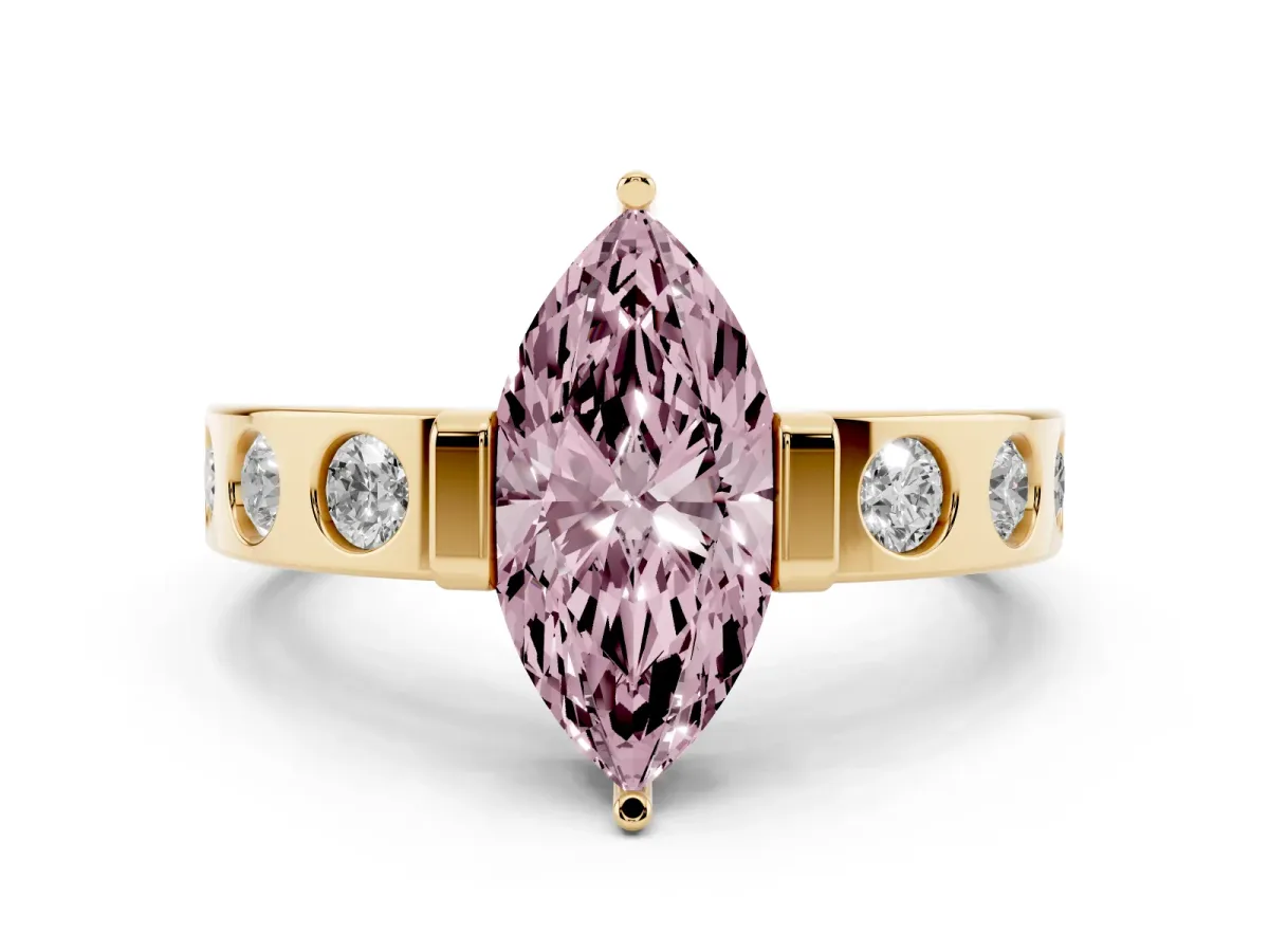 Fancy Pink Marquise Cut Brilliant Channel-Set Diamond Ring with Bezel Prong Setting Yellow gold