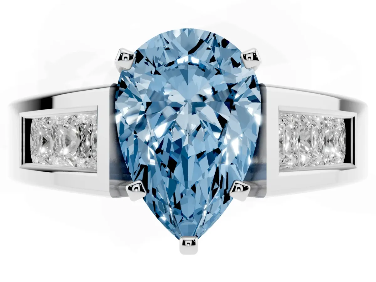 Fancy Blue Pear Cut Cut Channel Set Solitaire Ring with Four-Prong Setting Platinum