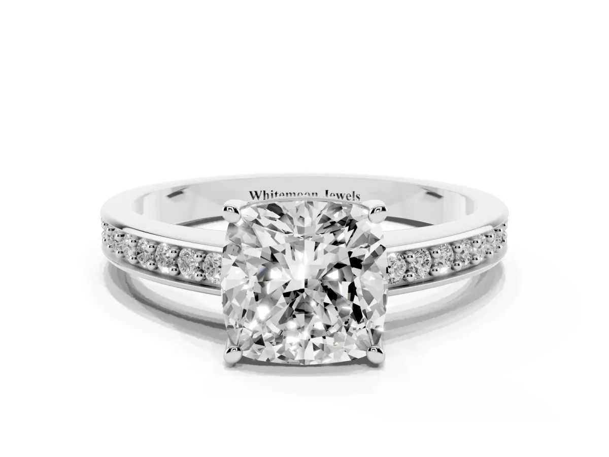 Cushion Cut Solitaire Pavé Band Prong Setting Ring Silver