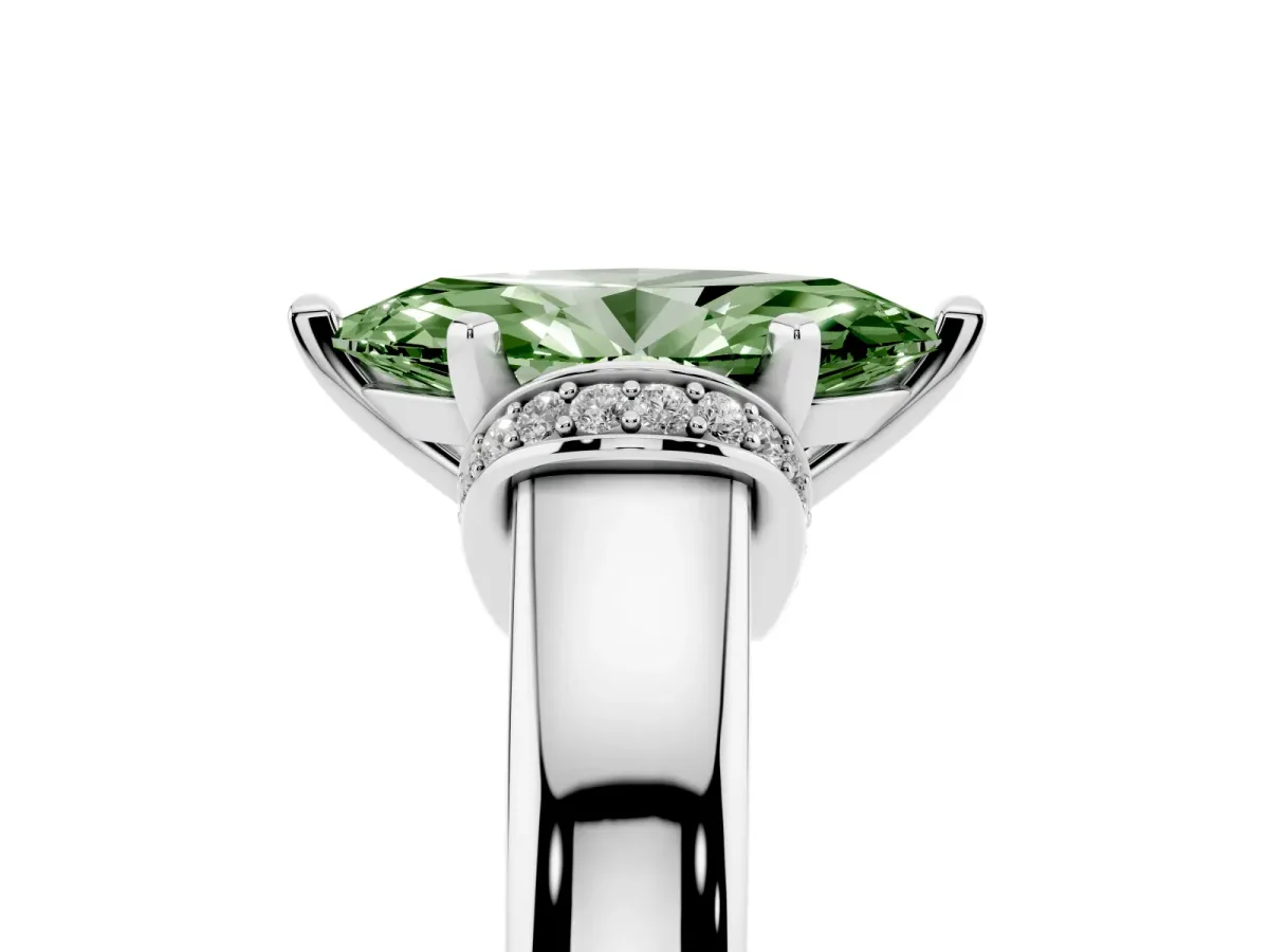 Fancy Green Marquise Cut Solitaire Diamond Ring with Pave Band and Six-Prong Setting Silver