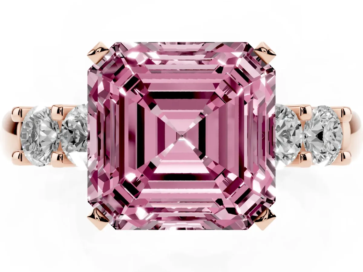 Fancy Pink Asscher Cut Brilliant Cut Diamond Five-Stone Prong Set Engagement Ring with Channel Band Rose gold