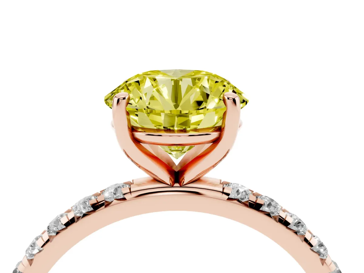 Fancy Yellow Round Cut Cut Diamond Solitaire Ring with Micro Pave Band and Four Prong Setting Rose gold