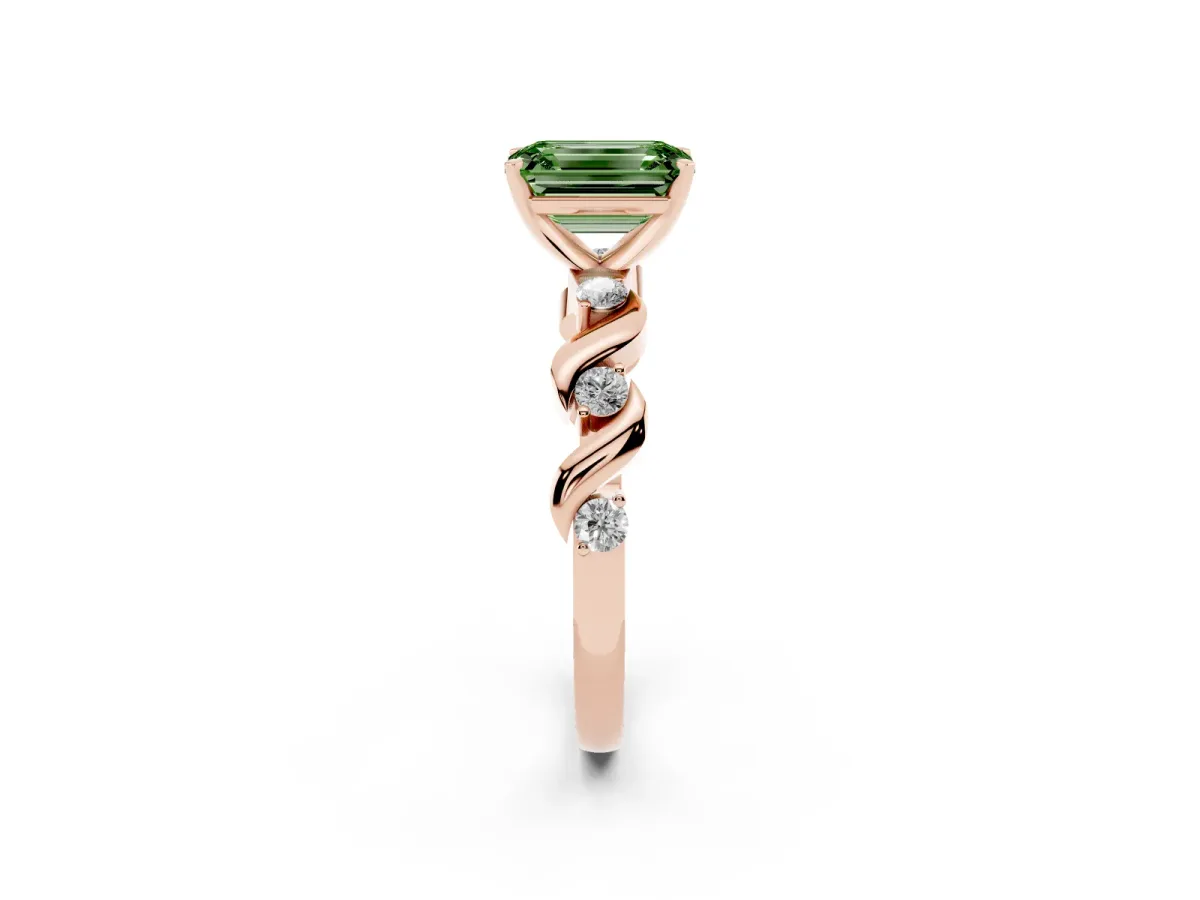 Fancy Green Emerald Cut Diamond Solitaire Twisted Band with Round Accents and Prong Setting Rose gold