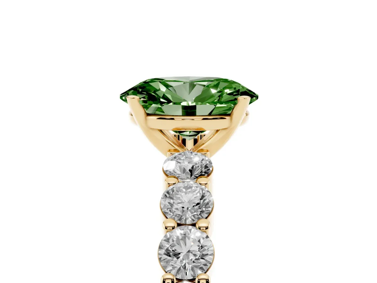 Fancy Green Oval Cut Diamond Solitaire Ring with Shared Prong Round Side Stones Yellow gold