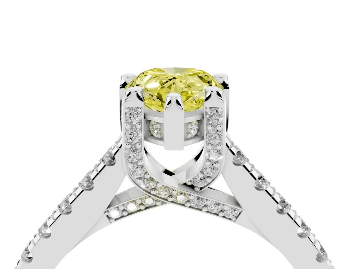 Fancy Yellow Pear Cut Brilliant Diamond Solitaire with Pavé Band and Four-Prong Setting Silver