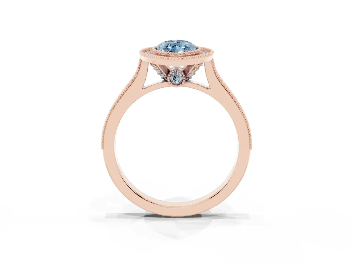 Fancy Blue Halo Marquise Cut-Cut Diamond Pave Band Milgrain Prong Setting Ring Rose gold