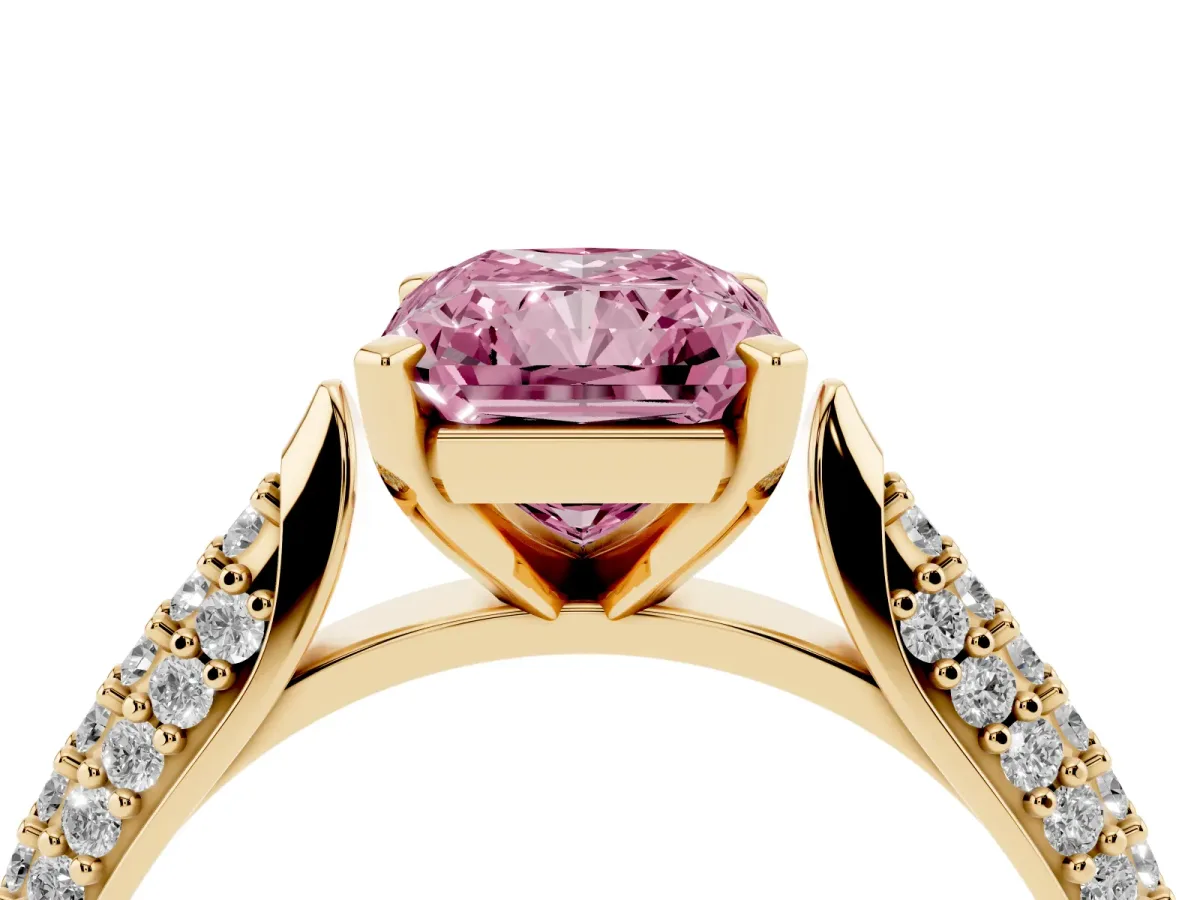 Fancy Pink Radiant Cut Diamond Solitaire Engagement Ring with Multi-Row Round Pavé Band and Prong Setting Yellow gold