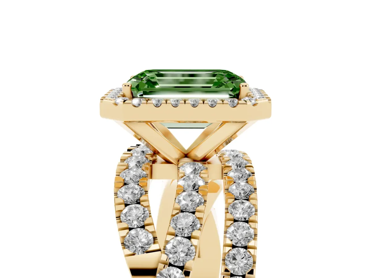 Fancy Green Emerald Cut Diamond Halo Ring with Round Split Shank and Prong Setting Yellow gold