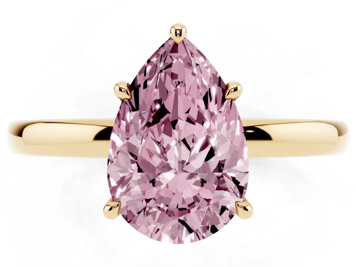 Fancy Pink Pear Cut Solitaire Engagement Ring with Cathedral Band and Four-Prong Setting Yellow gold
